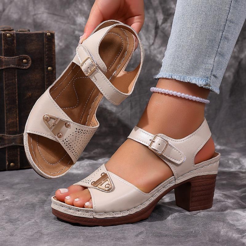Women's Summer New Thick Heel Sandals - Big Size High Heel Single Band Buckle Strap Casual Shoes
