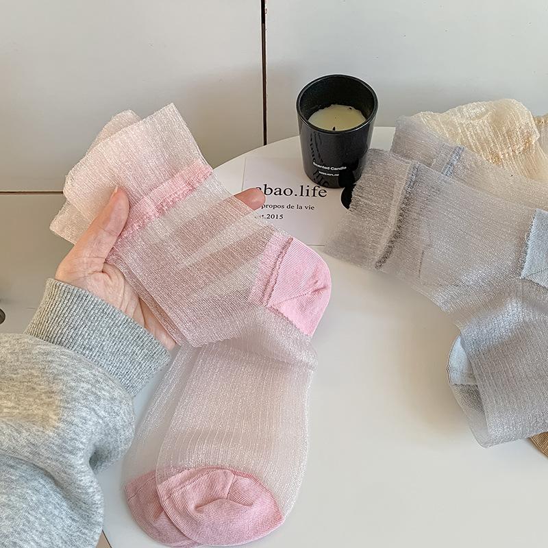 Female Summer Lace Ballet Wind Breathable Clear Glass Silk Mid Tube Pile Socks