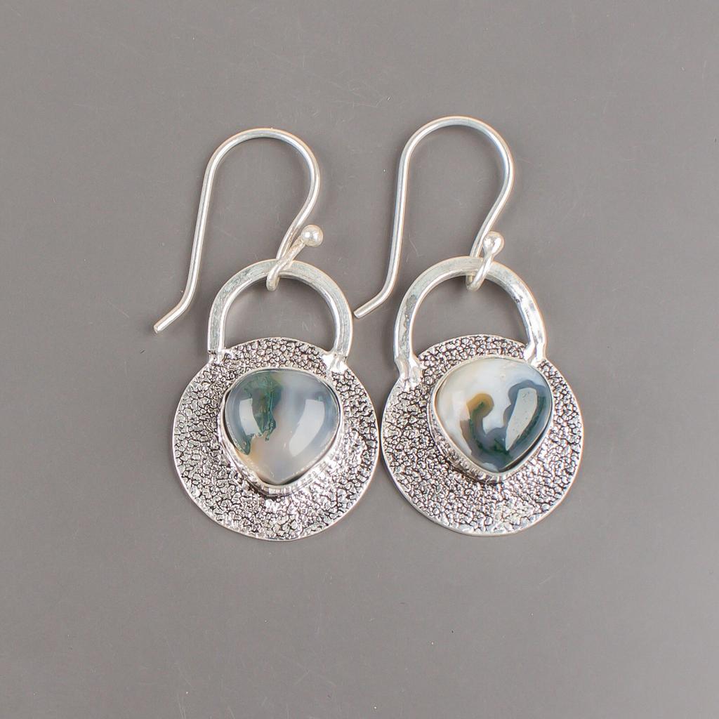 Natural Moss Agate Gemstone 925 Sterling Silver Handmade Dangle Earrings 1.30" EE-63-26