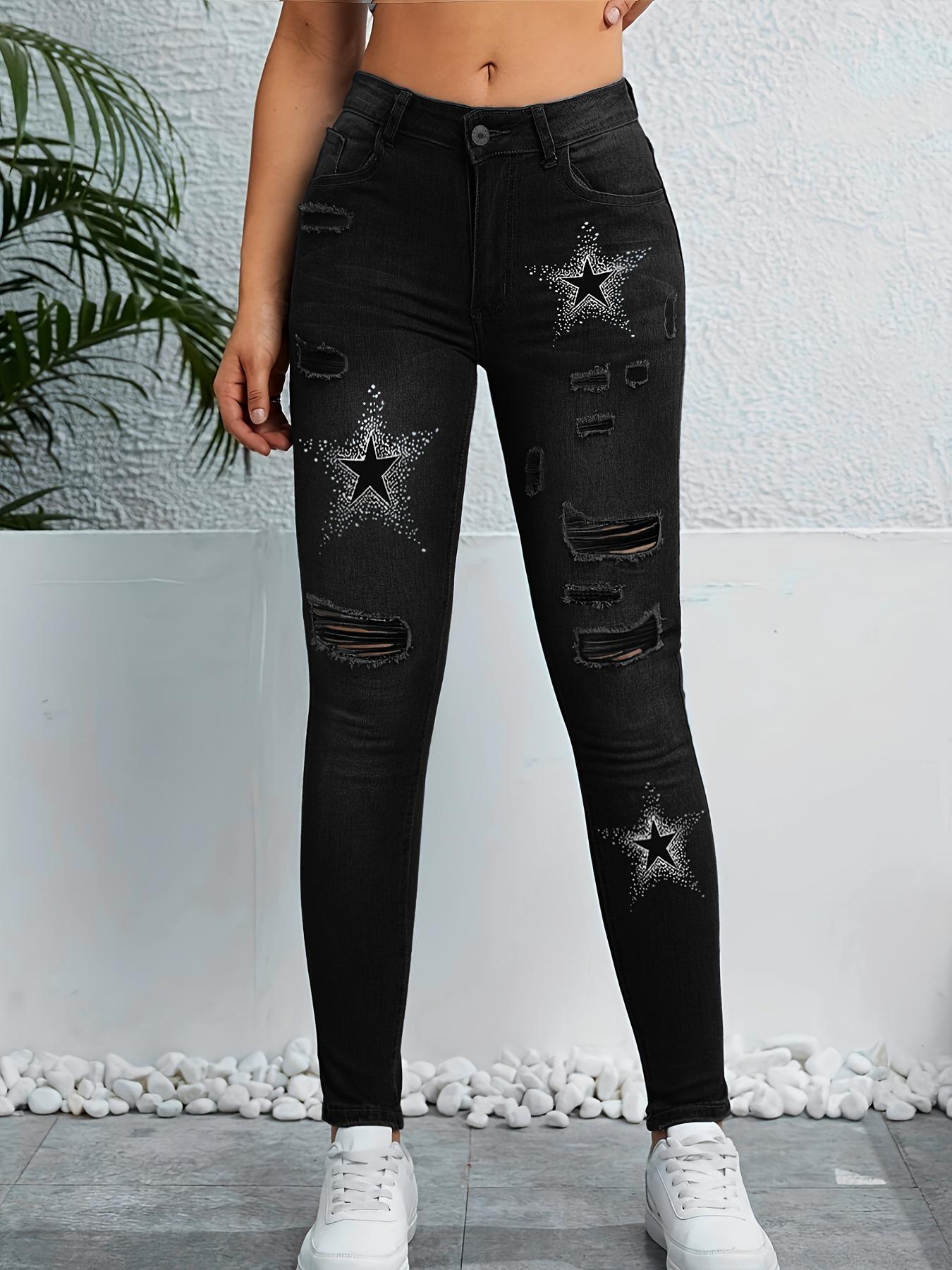 

Spring/Summer Star Print Skinny Jeans with Ripped Cut-out and Color Block Design Large чорний
