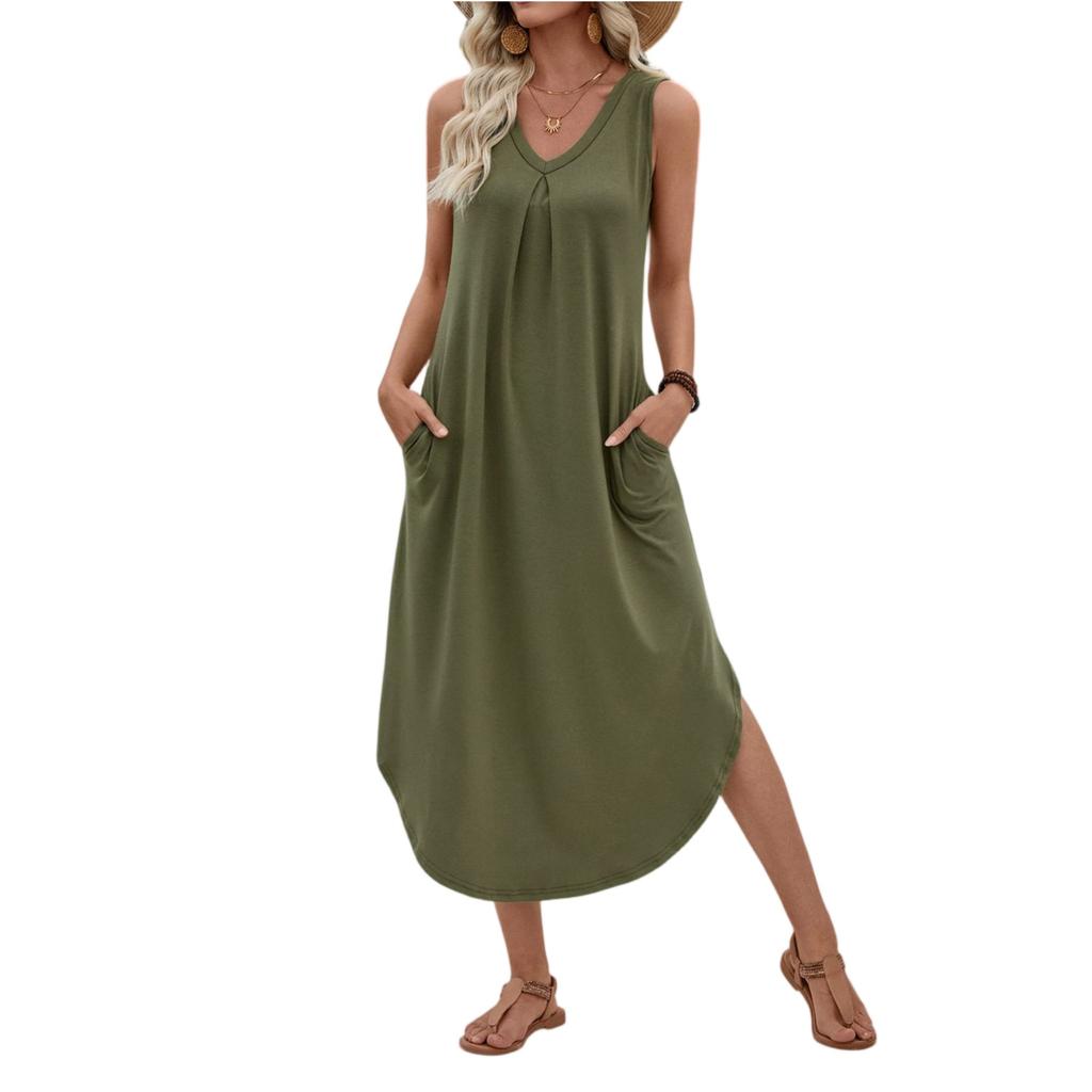 Women's Fashionable Color V-neck Sleeveless Vest Dress With Pleated A-line Beach Pocket Dress