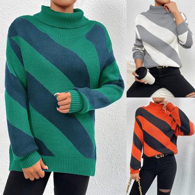 Autumn And Winter Women's High Collar Pullover Sweater Contrast Color Knitted Bottoming Shirt