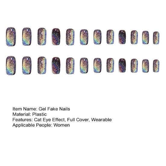 1 sett Kvinner Jenter Press-on Nails Cat Eye Effect Glanset Gel Fake Nails Full Cover Korte falske negler Akryl Nail Tips med lim DIY Nail Art Kit