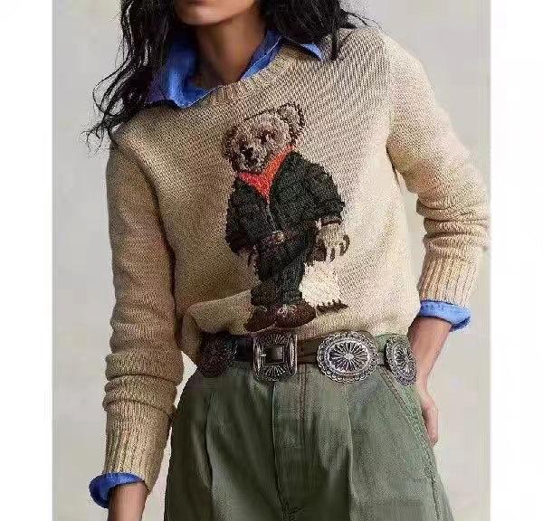 Unisex vlněný vyšívaný svetr se vzorem medvěda - Ležérní kulatý výstřih, Dlouhý rukáv