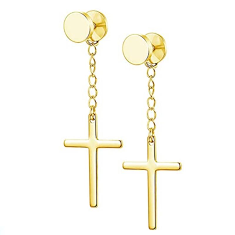 WKOUD 2PCS Stainless Steel No Piercing Cross For Men Kpop Clip On Cross Earring Gothic Punk Fake Ear Cuff Cross Earring Dangle