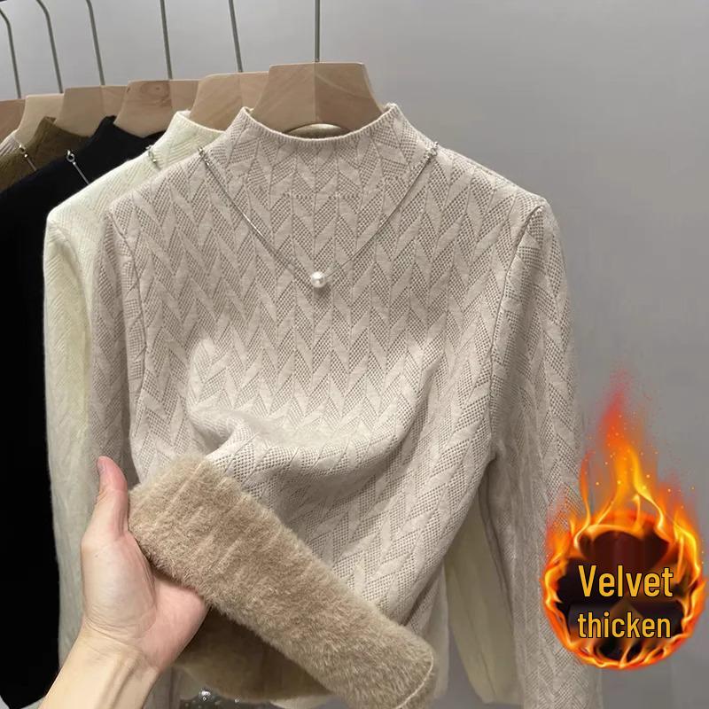 Women's Fleece Sweater Base Layer: Plus Velvet Thick Knitwear with Half-High Neck - 2025 Autumn/Winter Collection