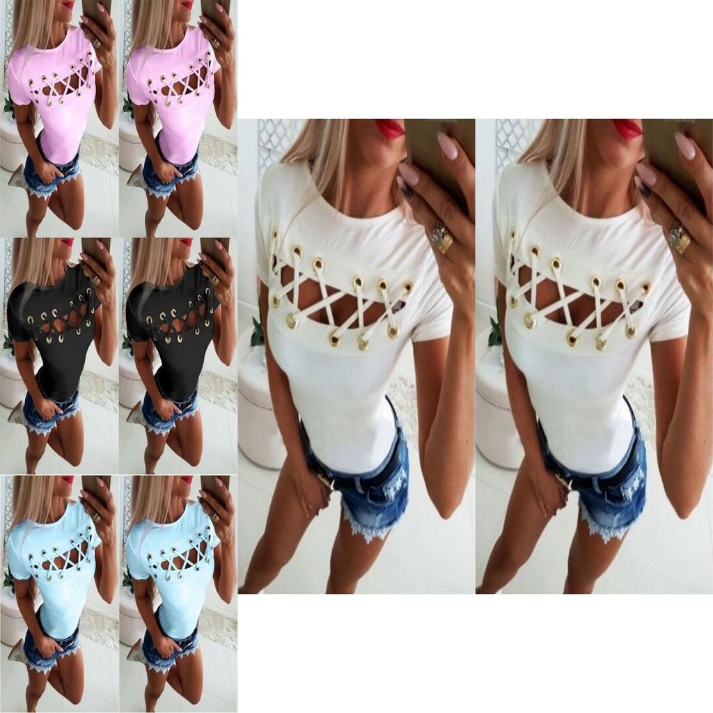 Elegant Sexy Ladies Women's Short Sleeve Cross Lace Up Bodycon Blouse Tops Slim T-shirt