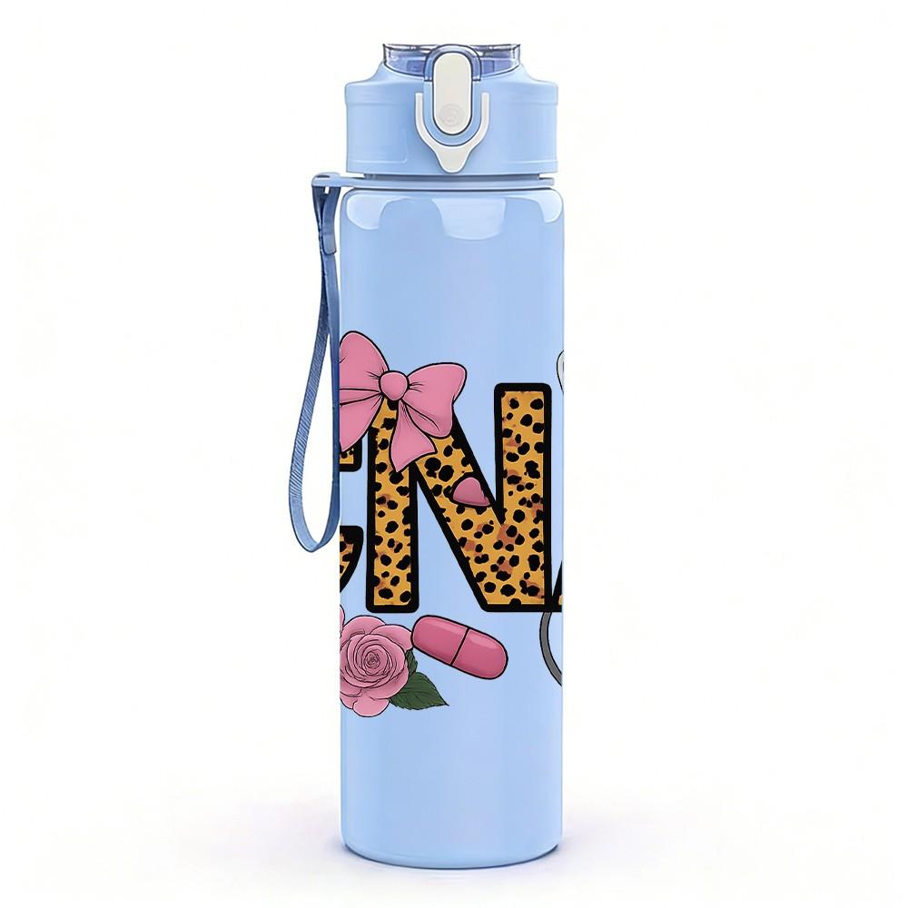 1PC CNA Leopard Floral Border 750ml Color Plastic Sports Water Bottle Leakproof Flip Straw Lid Suitable for Sports Office Home Use