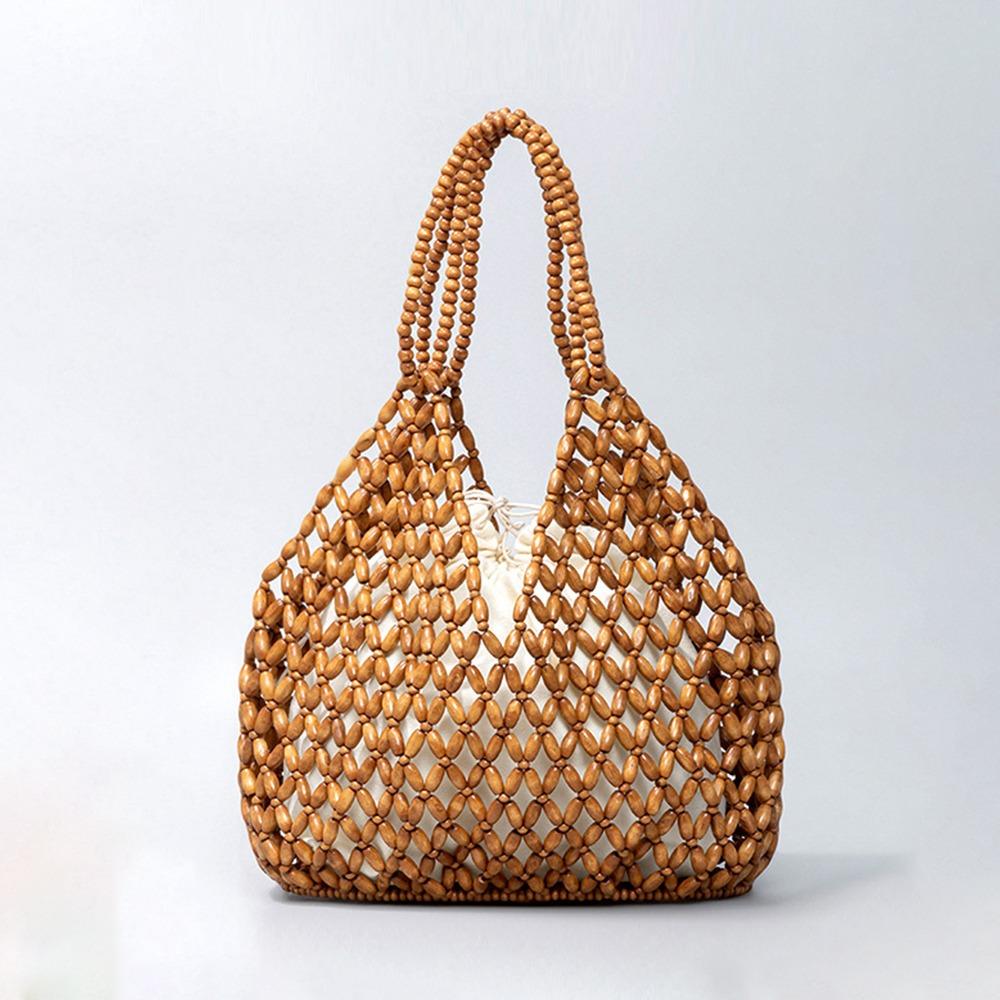 Fashion Polyester Lining Beaded Shoulder Bag Large Capacity Handwoven Ladies Handbag Bucket Shape Women Crossbody Bag Ladies