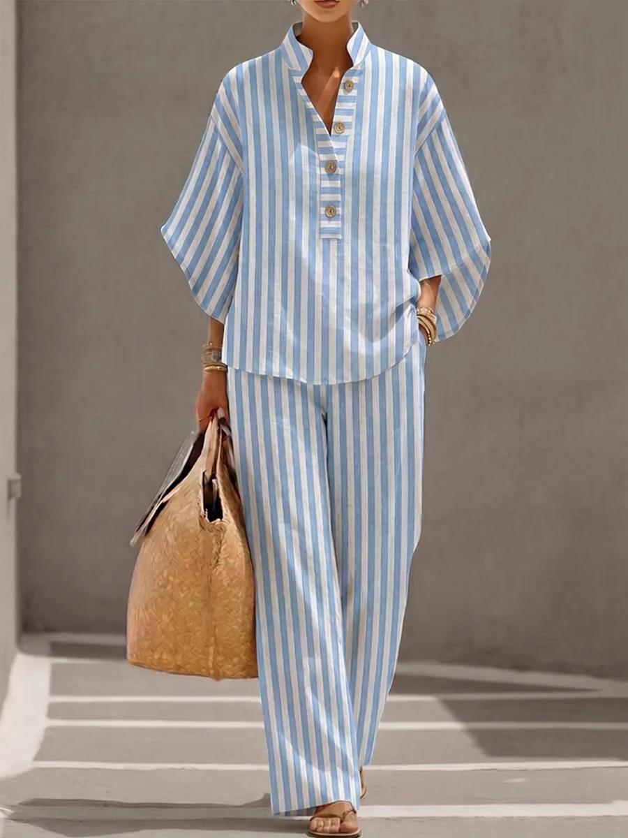 European and American summer women s clothing loose casual striped linen fashion suit shirt women S небесно-голубой