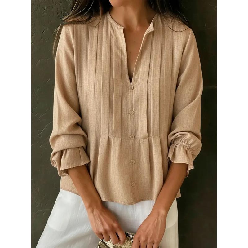2026 European & American Women's V-neck Striped Long Sleeve Casual Shirt for Spring/Summer