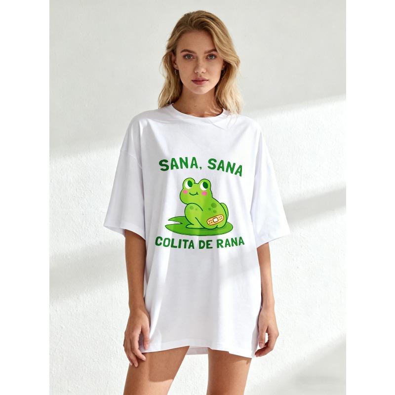 Schwarzes Oversize-T-Shirt mit Froschmotiv, Verband und dem Aufdruck „Sana Sana Colita De Rana“ für die Freizeit