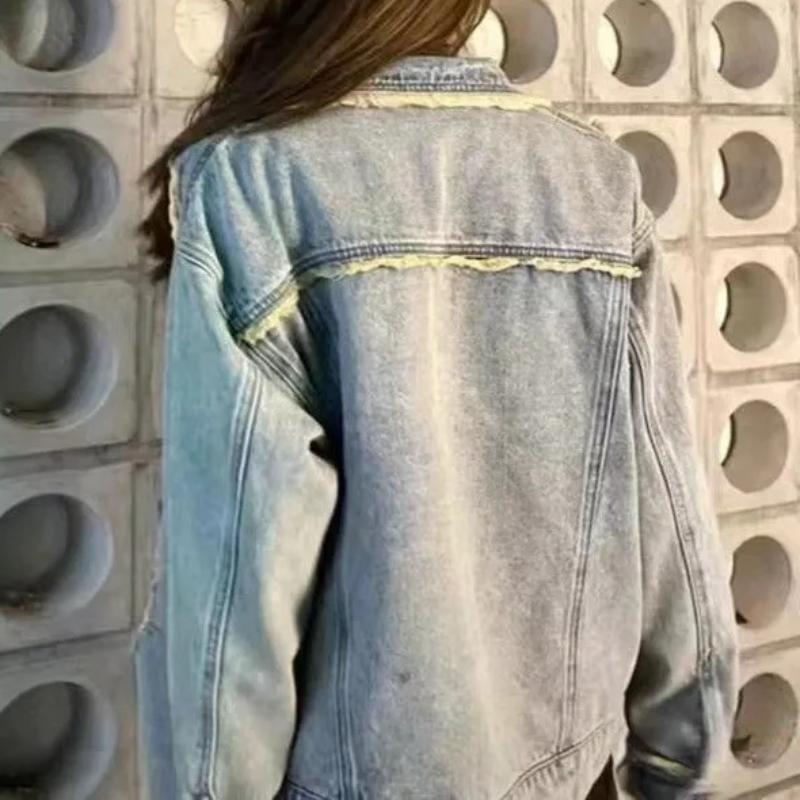 IHUASU Women's Vintage Casual Denim Autumn & Winter Long Sleeve POLO Collar Jacket & Coat