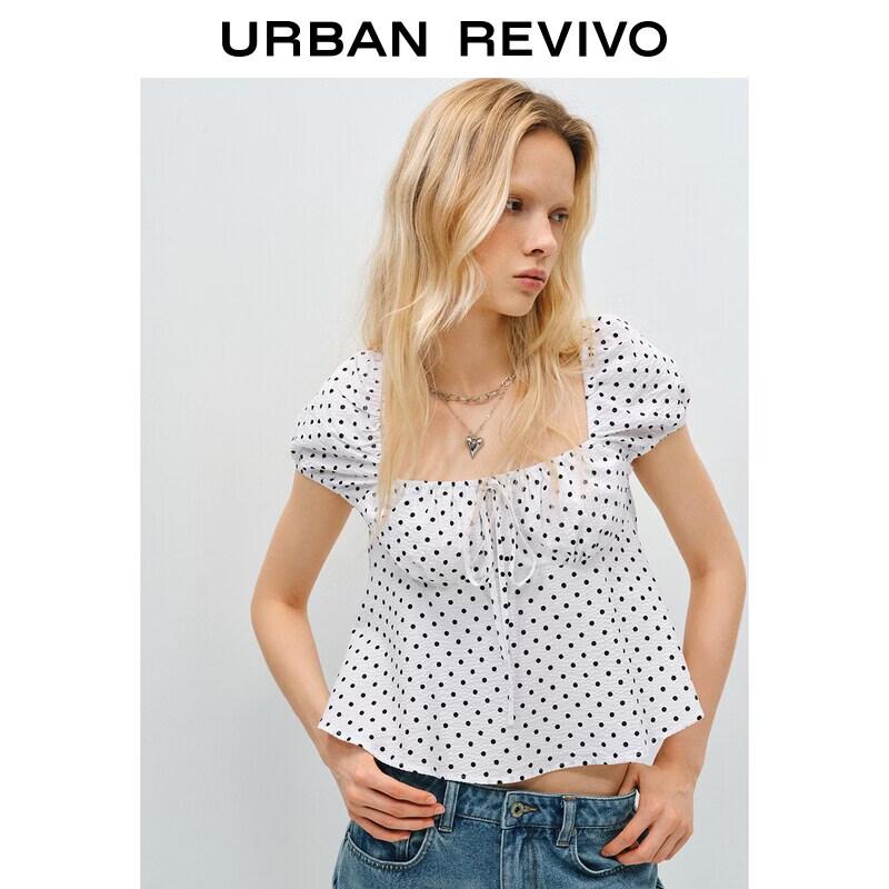 UR Women's Polka Dot Square Collar Tie-Front Short Blouse