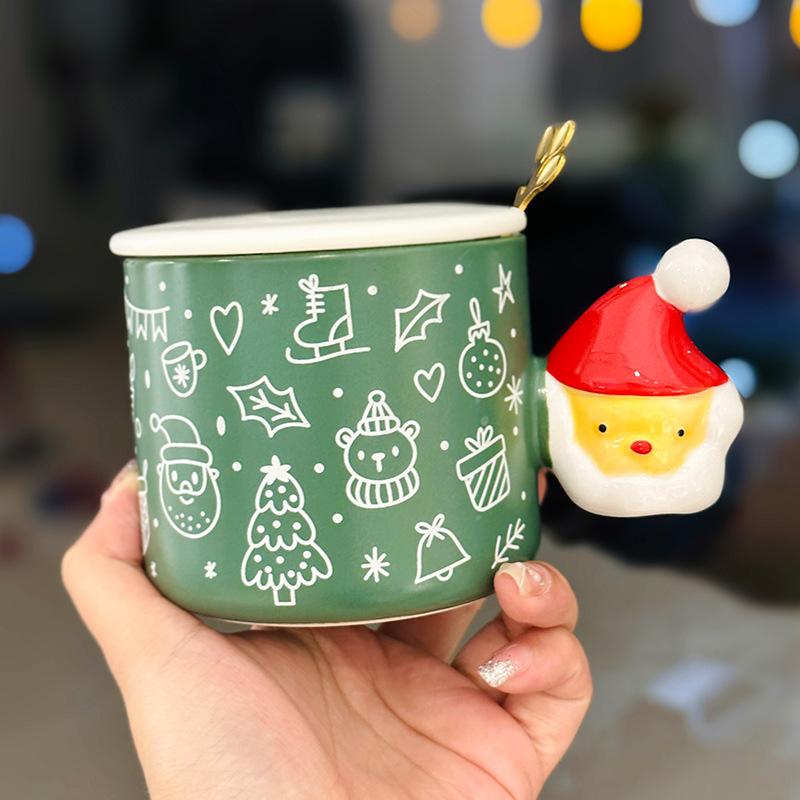 Creative Christmas Graffiti Ceramic Water Cup Santa Claus Mug with Spoon High Looking Christmas Gift Souvenir