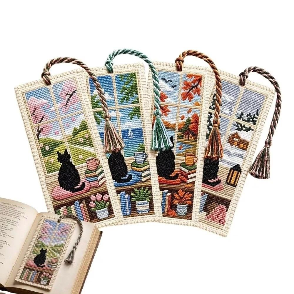 Cross Embroidery Seasonal Cat Embroidery Bookmark Book Page Marker Material Kit  Beginners