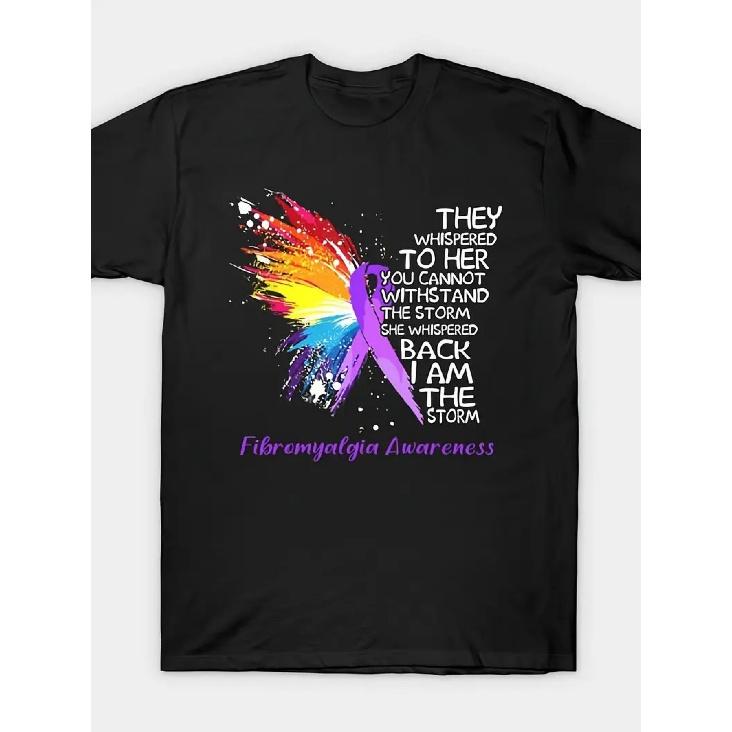 Fibromyalgia Awareness T-Shirt - I Am the Storm Inspirational Quote & Colorful Wings Design - Unisex Casual Loose Fit Short Sleeve Round Neck Tee -