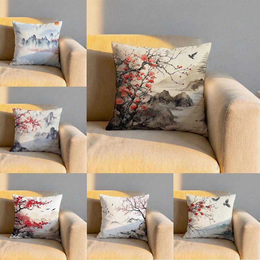 Classical Ink Landscape Cushion Cover Soft Reversible Durable Pillow Cover MultiScene Use for Home Car Daily Comfort