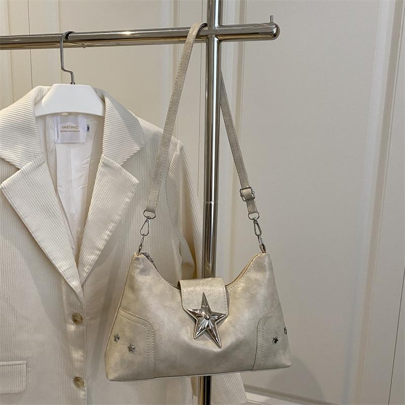 Y2K Vintage Shoulder Bag Soft PU Solid Color Messenger Bag Metal Star Lightweight Crossbody Bag for Commute Work