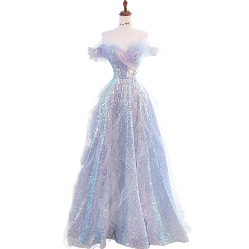 Banquet dress 1011 new summer French one-word shoulder gilt shiny tutu skirt adult ceremony art test dress skirt