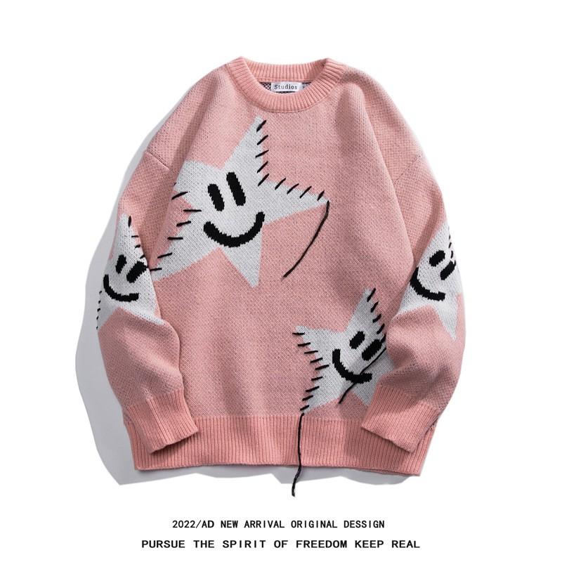 Oversized Chunky Knit Sweater With Contrast Star Unisex Winter Casual Pullover Men Women