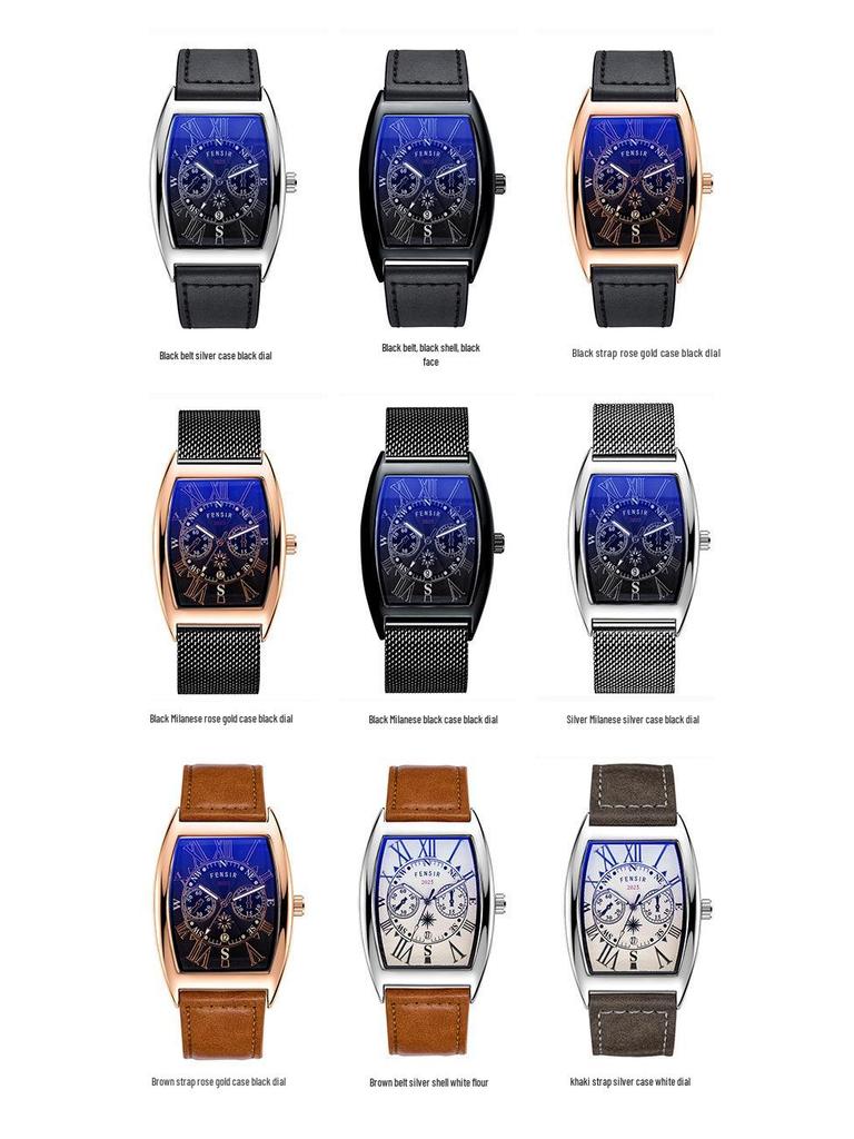 Finish Big Barrel Men's Watch: European & American Style, Leather Strap, Waterproof, Calendar, Casual Office Wear.