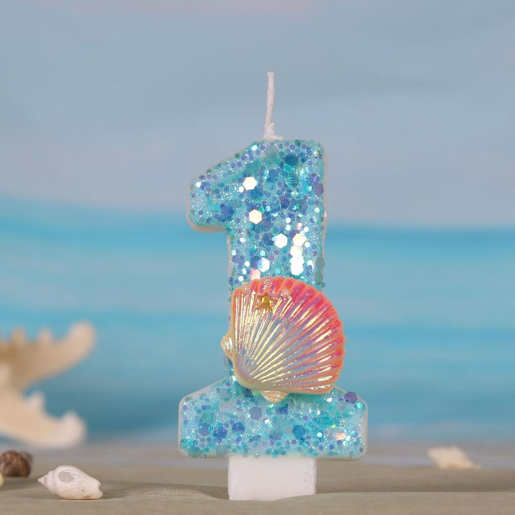 Ocean Mermaid Theme Cake Candles 0-9 Numbers Blue Cake Topper with Sequins Girls Birthday Party Cake Decoration Supplies Boys