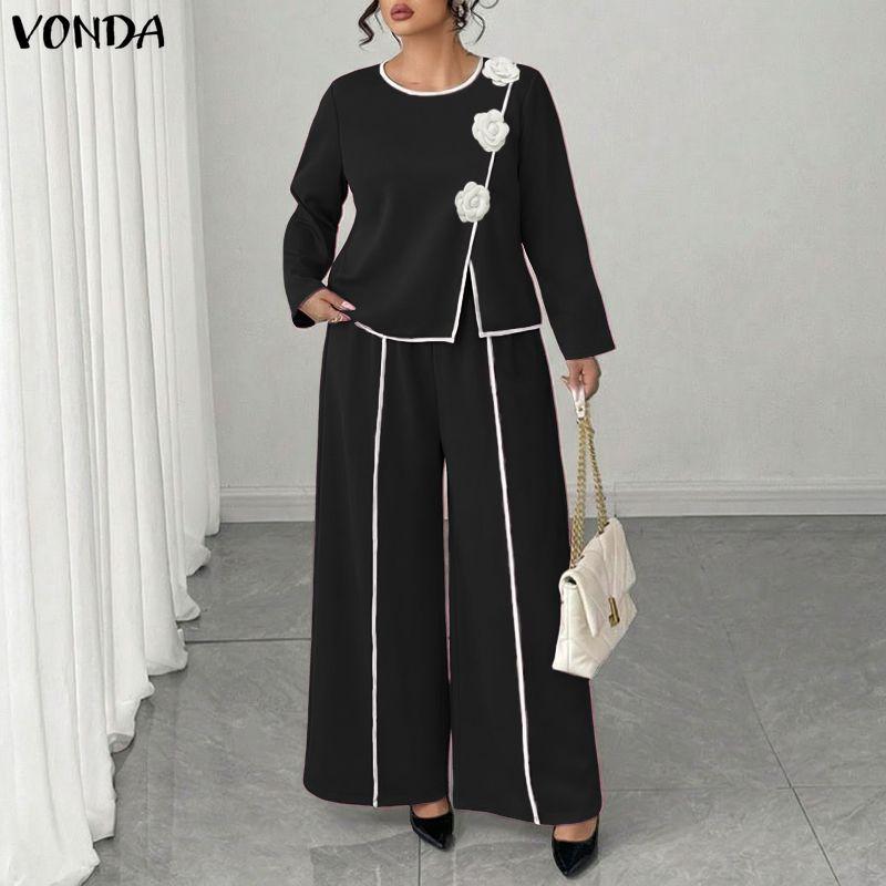 VONDA Two Piece Suit Women Retro Long Sleeve Splicing Blouse and Pants Casual Office Sets
