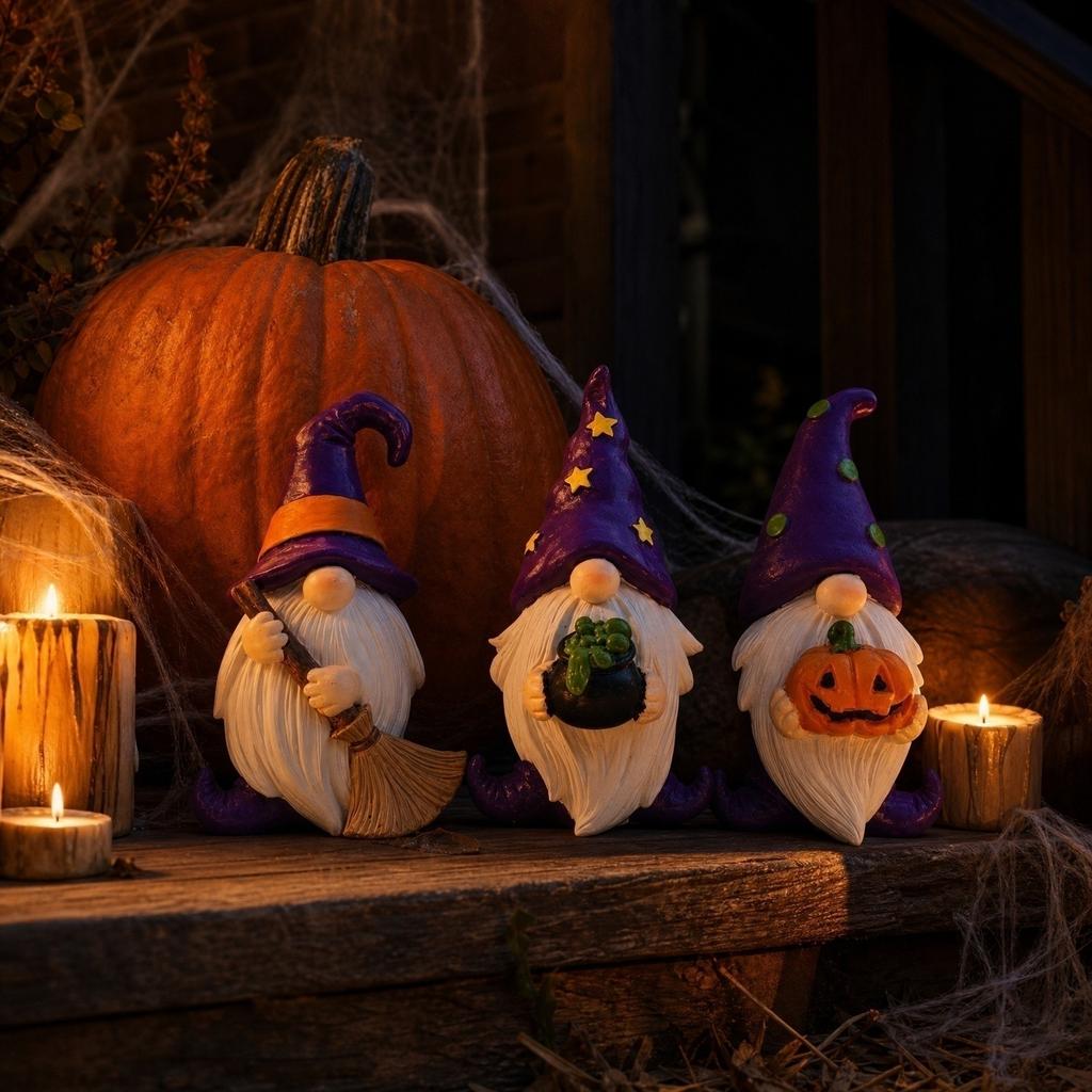 Halloween Gnome Statue Set of 3 Resin Figurines with Witch Hats and Seasonal Accessories for Indoor Outdoor Decor