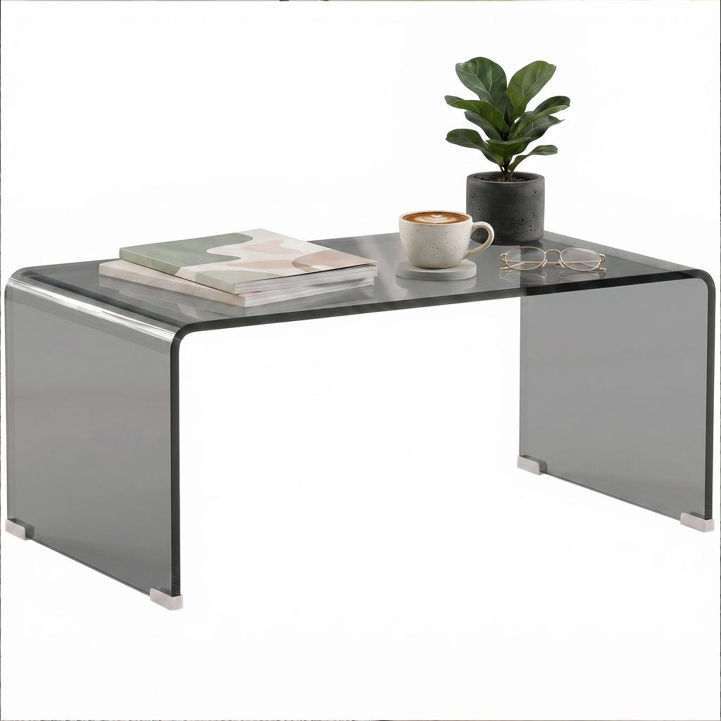 Glass Coffee Table, Rectangular, Rounded Edges, Light Gray Transparent