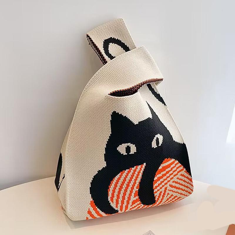 Przenośna Mini Pasiasta Torba Tote Ręcznie Robiona Dzianinowa Torba Damska Węzeł na Nadgarstek Torba Wiaderko na Telefon Duża Pojemność Jesień Zima Torebki