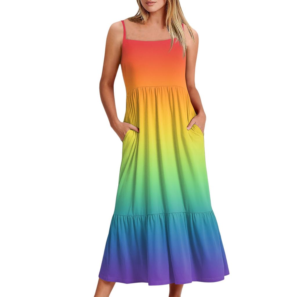 Kvinners Lang Strand Casual Elegant Spaghettistropp Maxi Kjole Gradient Farge Lavmælt Flytende Bohemsk Kjole