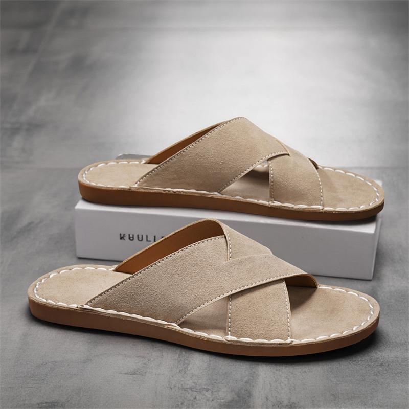 Men Slippers Handmade Simple Flats Brown Suede Sandals Summer Open Toe Beige Beach Shoes Plus Size