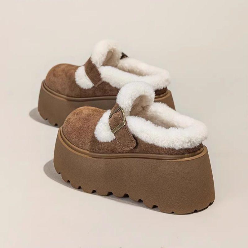 Thick-soled cotton slippers for women to wear outside the winter new bag head half slippers for women to keep warm and increase height and fleece