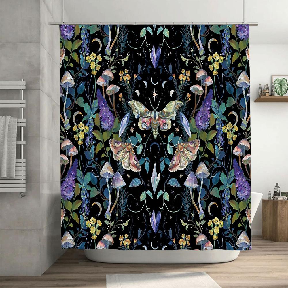 Botanical Moth Shower Curtain Nature Forest Dark Academia Backdrop Vintage Floral Tapestry Home Decor Wall Hanging Artistic Desi
