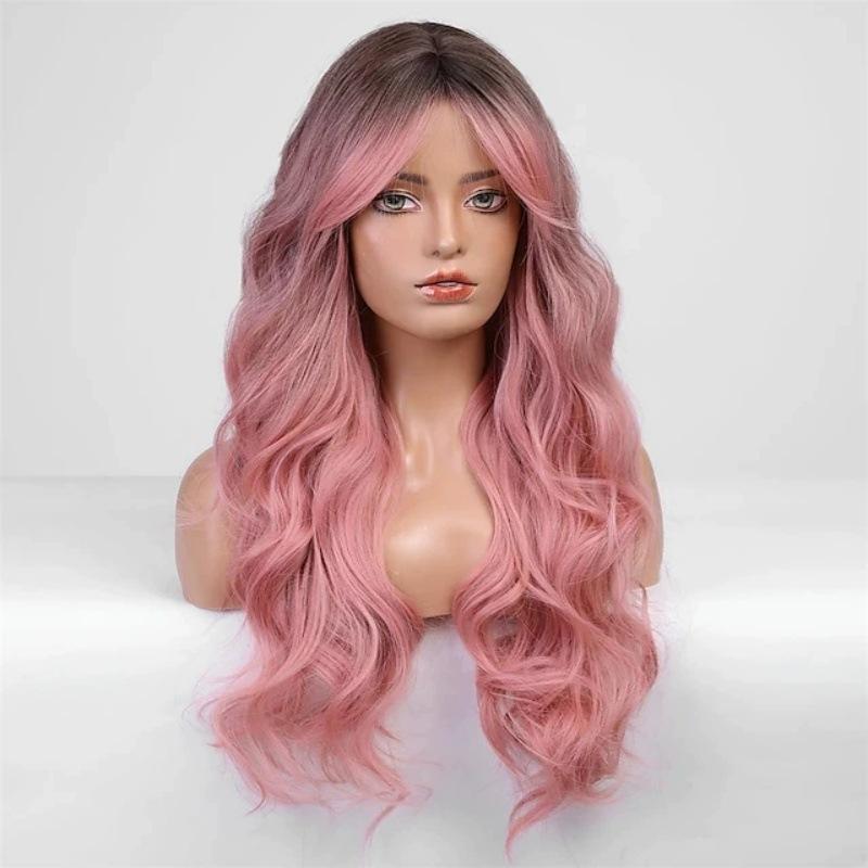 Synthetic Pink Long Wig for Women Middle Part Wig with Dark Root Cosplay Party Halloween Lolita Heat Resistant