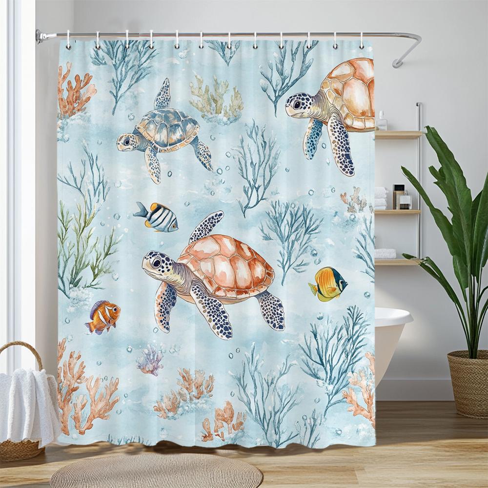 Sea Turtle Shower Curtain, Beach Coastal Sea Turtle Starfish Jellyfish Underwater Creatures Bathroom Decorative Shower Curtains