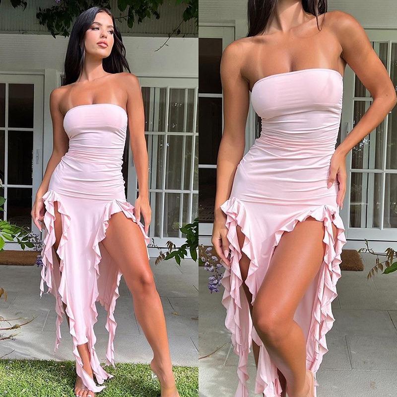 Fashion Slim Fit Backless Strapless Women Sexy Party Dress Off Shoulder Ruffed Irregular Summer Dress Woman Casual Solid Club Evening Dresses 26155