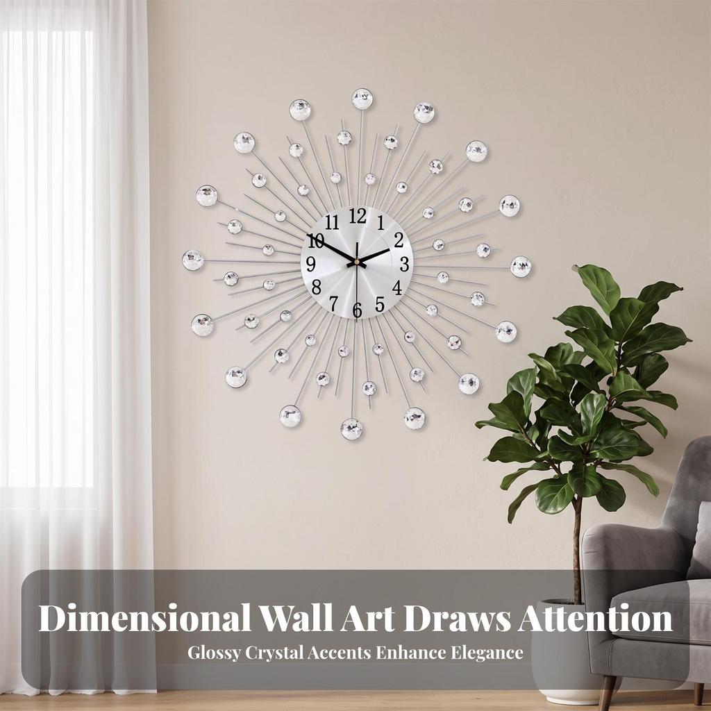 Modern Wall Clock | Brushed Silver Finish, with Gem Accents, for