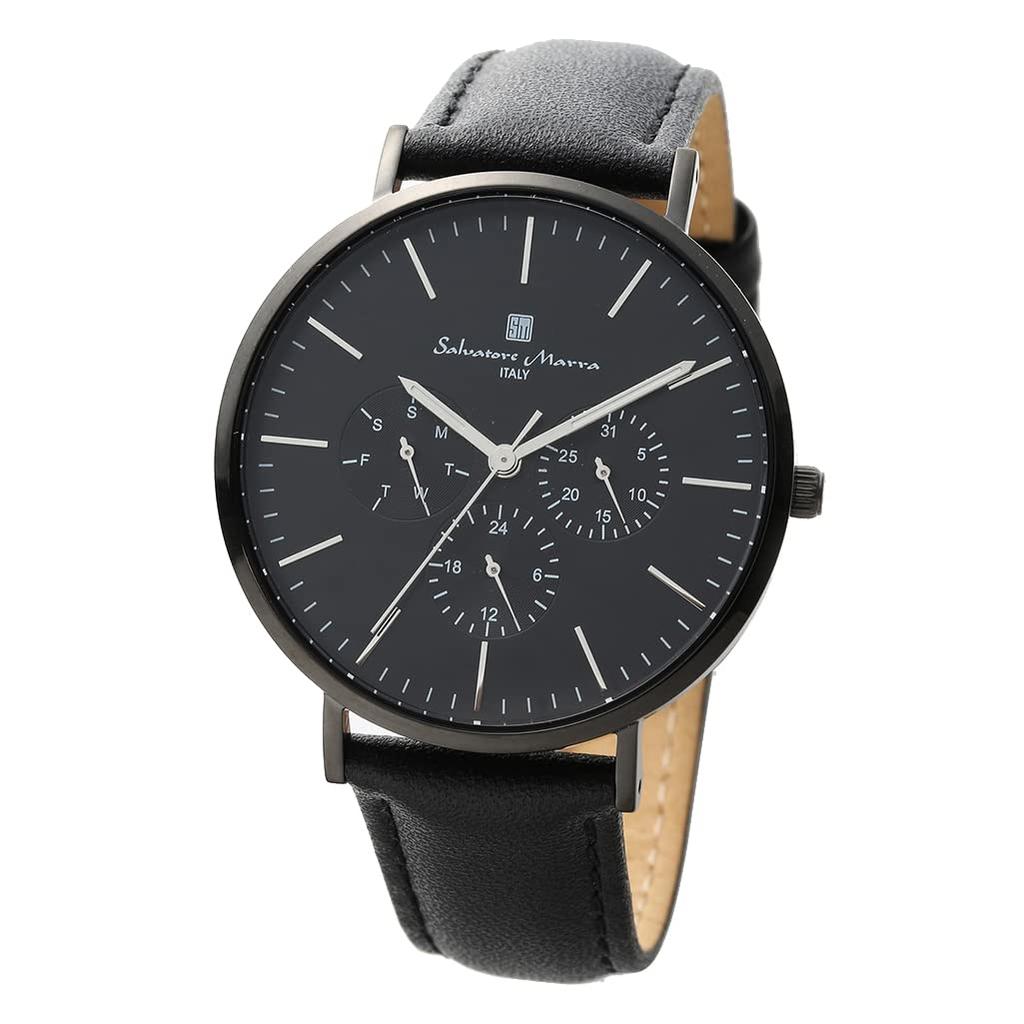 Salvatore Marra Watch Daily Waterproof Date Day Display Leather Strap BKBK SM22102-BKBK