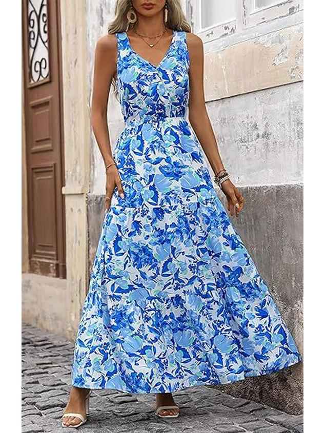 

2025 V-Neck Sleeveless Print Dress with Elastic Waist - European & American Style M цветочный/синий