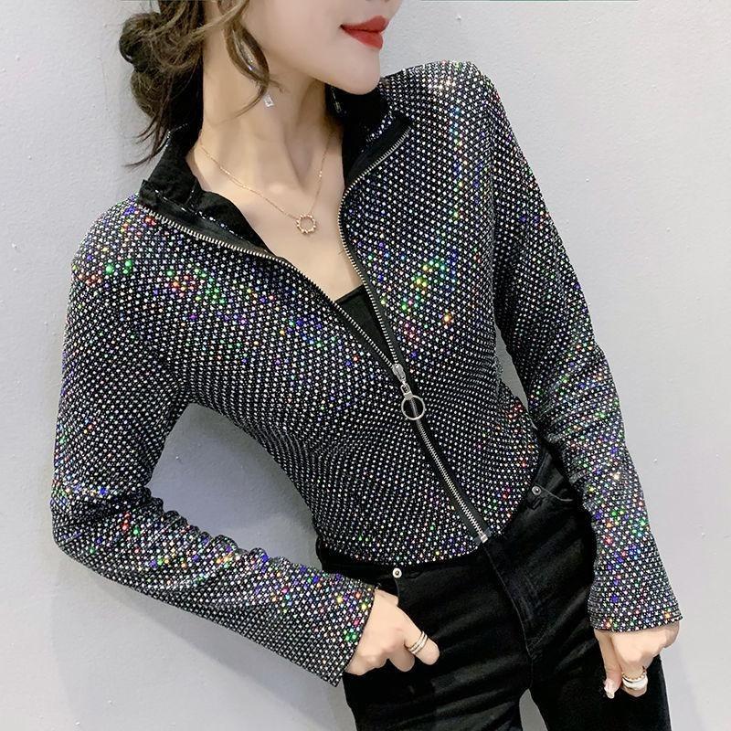 Fashion Glitter Sequined Short Jacket Women Slim Sexy Long Sleeve Zipper Coat Spring Autumn