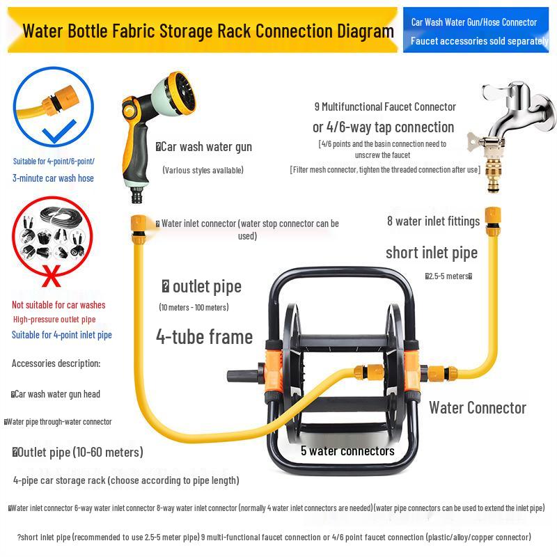 Car Wash Hose Reel & Storage Rack with 25-30 Meter Water Gun for 4 & 6-point Pipes