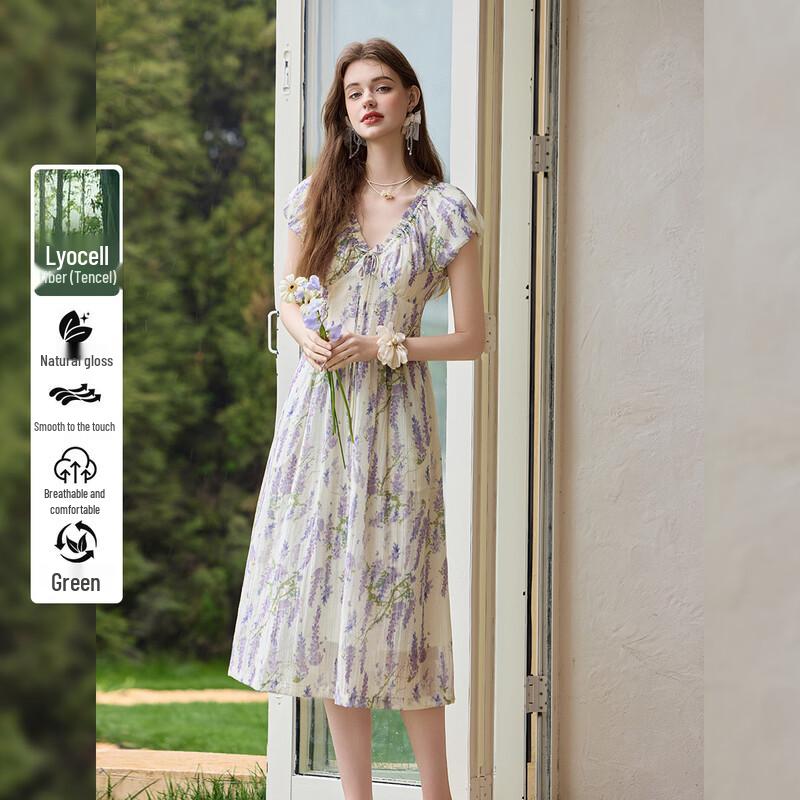 Bailuyu Tencel Blend V-Neck Puff Sleeve A-Line Dress XL