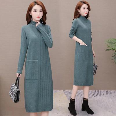 Autumn Winter Women's Mid-length Knitted Dress Solid Color Pullover Dress Thickened Half High Collar Bottoming Knitted Pockets Dress