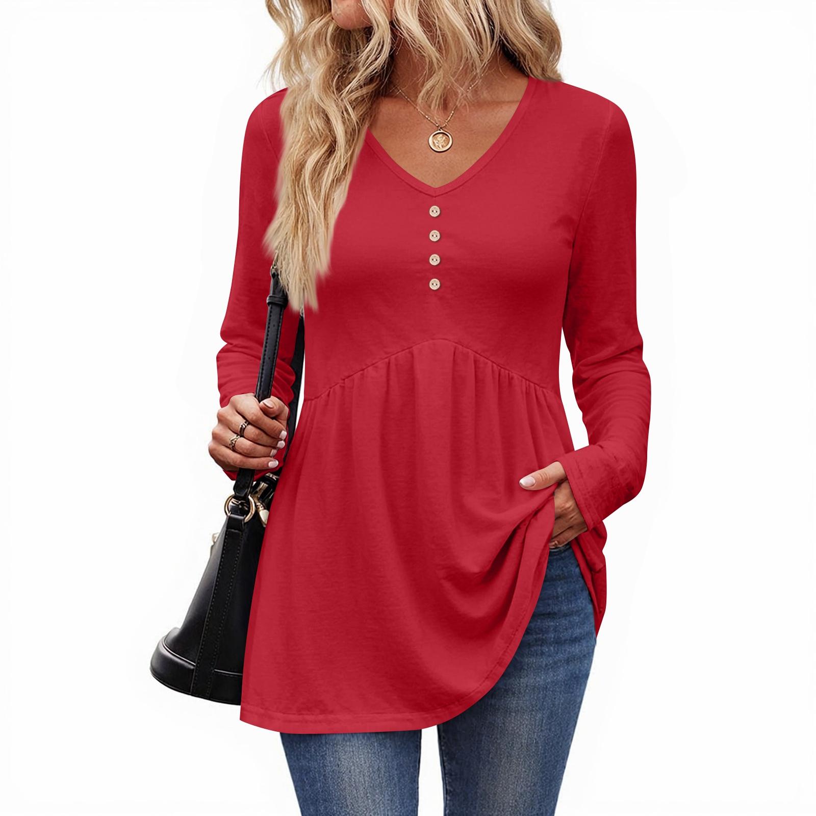 

Women s Casual Fashion V-Neck Button Solid Color Long Sleeve Top XL