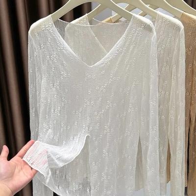 Women's Sheer V-Neck Blouse Embroidered Floral Long Sleeve See-Through Casual Summer Top