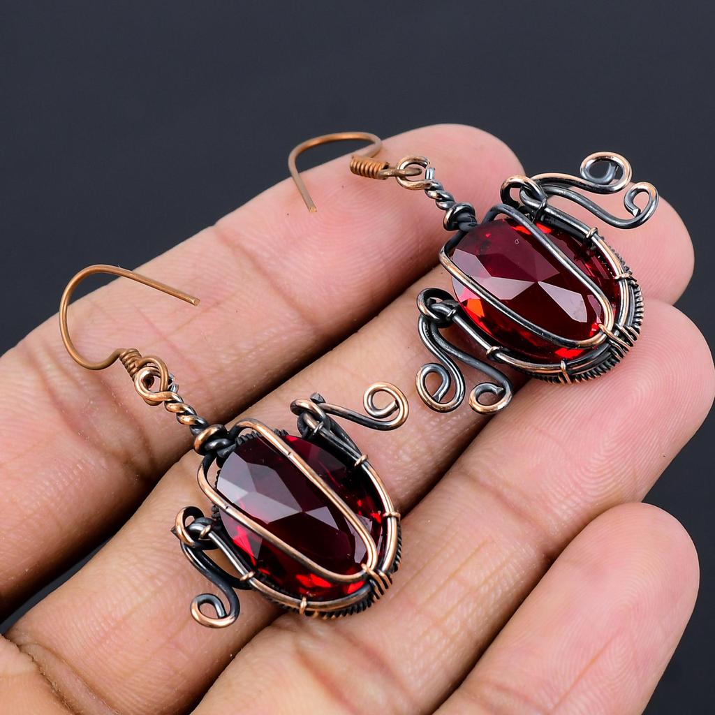 Garnet Jewelry, 999 Copper Wire Wrapped Earrings, Handmade Gemstone Jewelry Earrings For Memorial Day