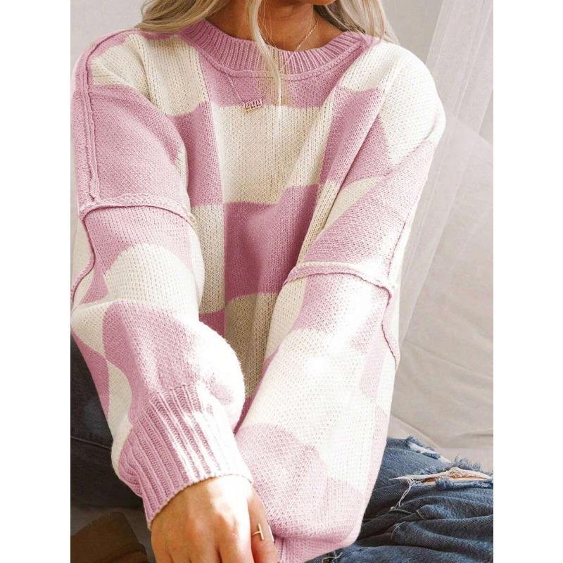 Koszula z długim rękawem w kratę, sweter z okrągłym dekoltem