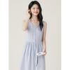 Summer Blue Plaid Edge Lace-up Sleeveless Vest Skirt Women's Medium and Long Dress